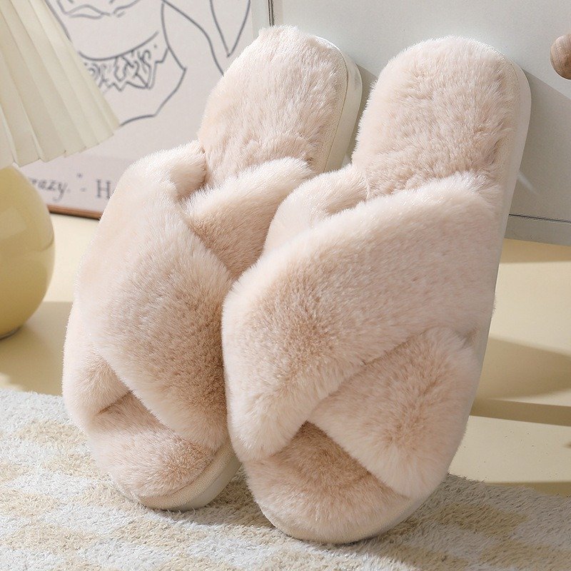 Cross-Border Autumn Winter Rabbit Fur Ladies Cross-strap Home Cotton Slides Slippers Anti-slip Thick Warm Indoor Slippers