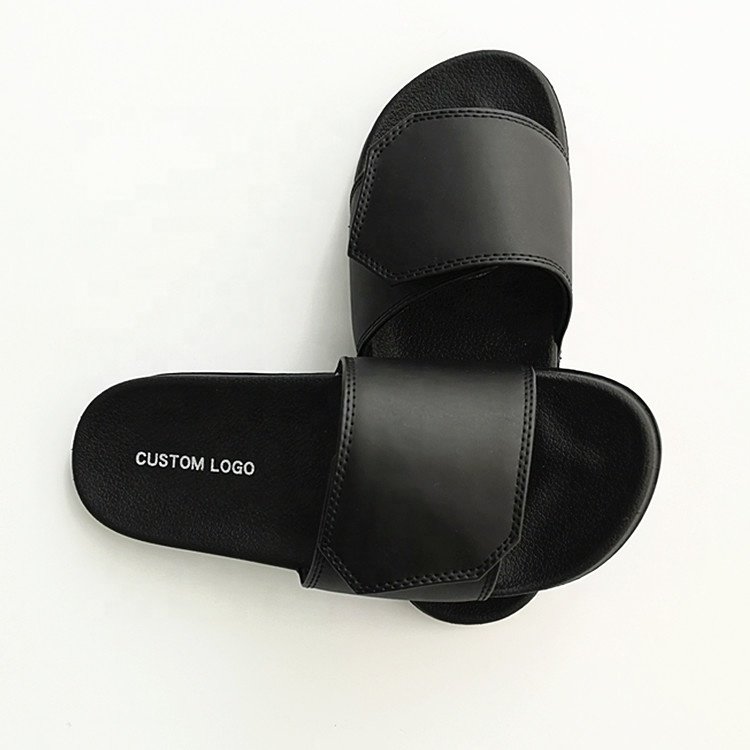 2021 Factory price quality black unisex pu slipper custom logo Comfortable slide sandal Adjustable summer slides
