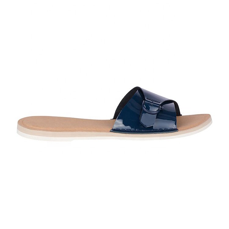 Personality open toe soft navy blue latest fashion leather slide slippers for walking outdoor