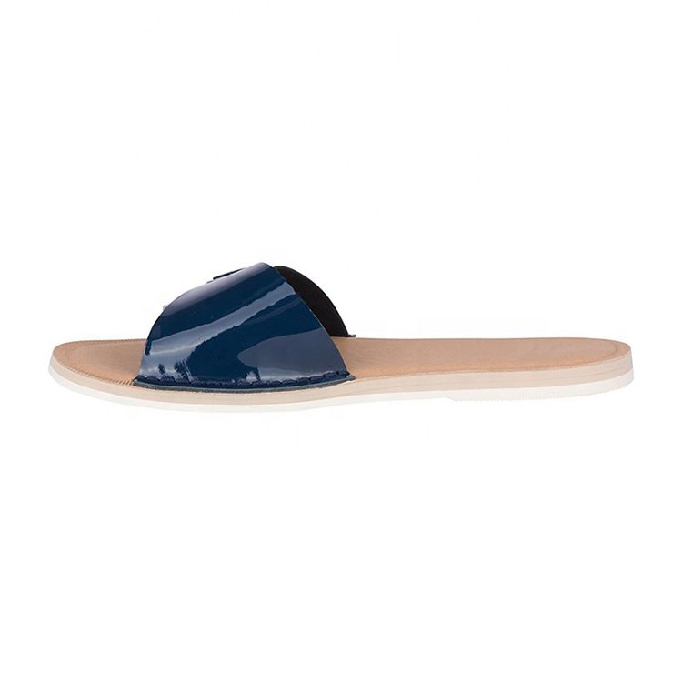 Personality open toe soft navy blue latest fashion leather slide slippers for walking outdoor