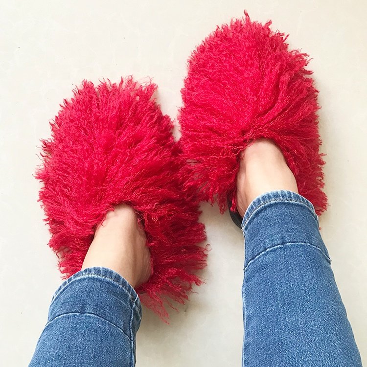 Fashion luxury designer square open toe faux fur Platform pump Wedges kitten heel slides slippers sandal for women