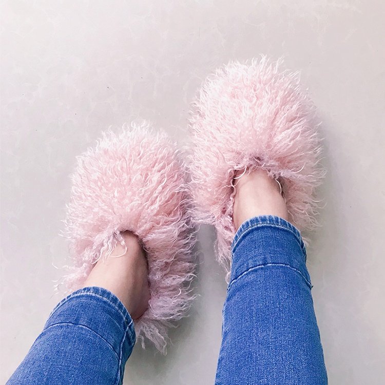 Fashion luxury designer square open toe faux fur Platform pump Wedges kitten heel slides slippers sandal for women