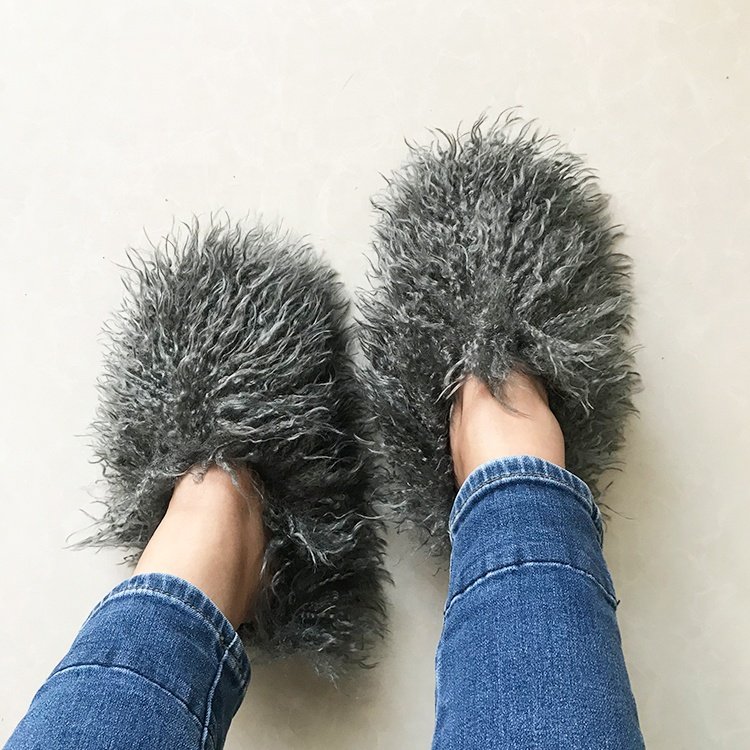 Fashion luxury designer square open toe faux fur Platform pump Wedges kitten heel slides slippers sandal for women
