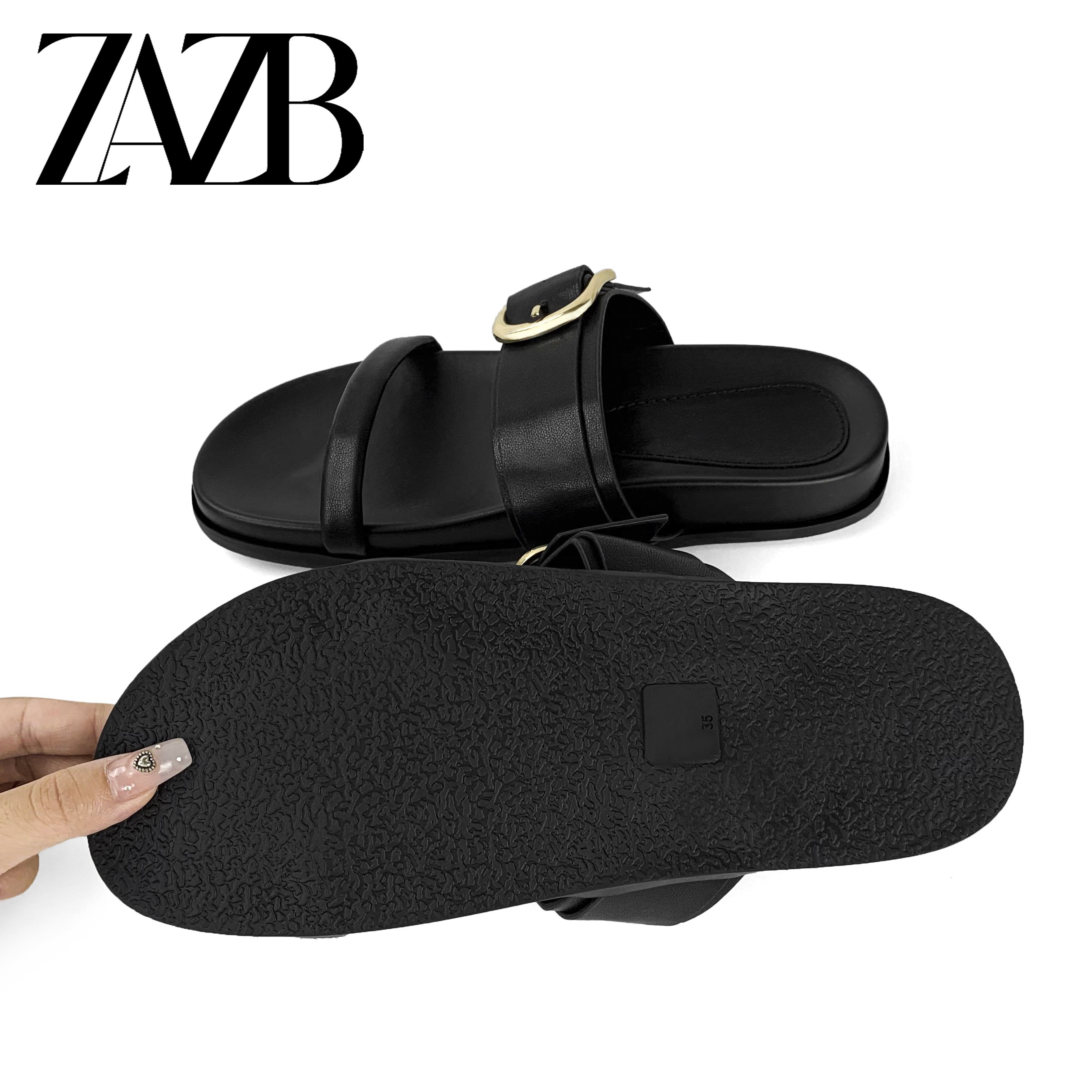 ZAZB brand custom slippers for shoes luxury flat sandals and women ladies mules Belt buckle chaussures pour femmes