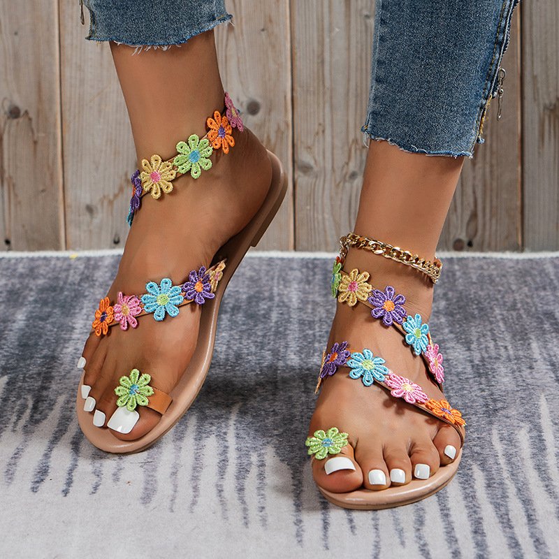High quality female flower beach slippers summer beach slides flat women flip flop slippers sandals outdoor