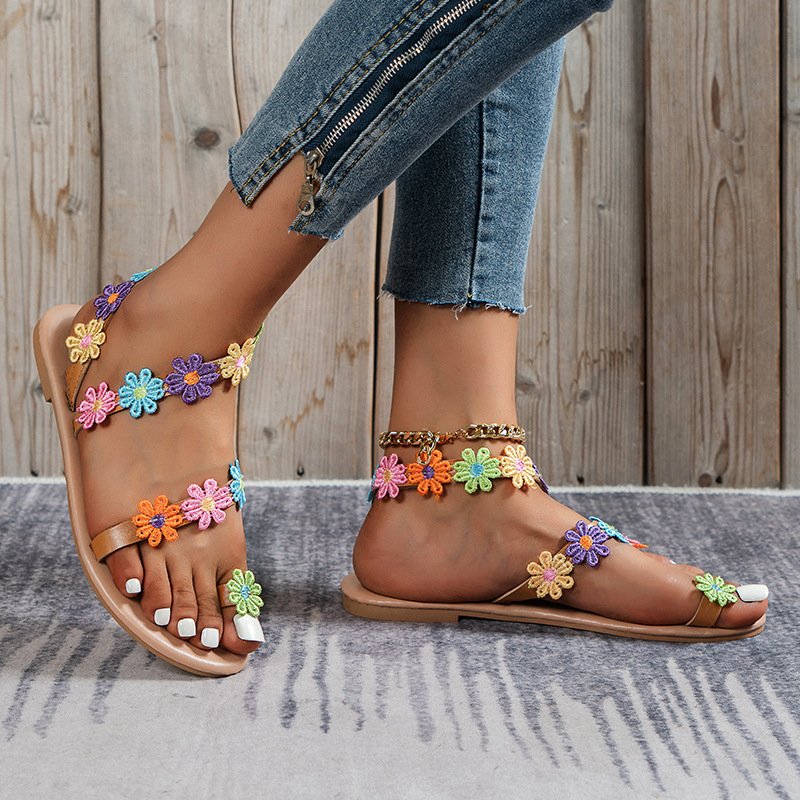 High quality female flower beach slippers summer beach slides flat women flip flop slippers sandals outdoor