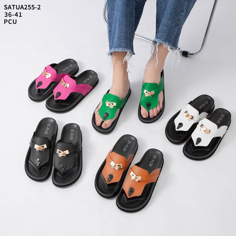 SATU new style T-strap women beach sandals zapatos de mujer pvc comfortable shoes slippers factory metal buckle sandals