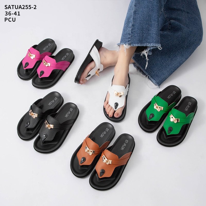 SATU new style T-strap women beach sandals zapatos de mujer pvc comfortable shoes slippers factory metal buckle sandals