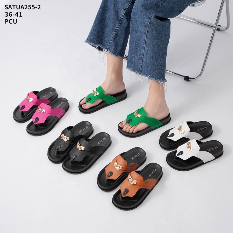 SATU new style T-strap women beach sandals zapatos de mujer pvc comfortable shoes slippers factory metal buckle sandals