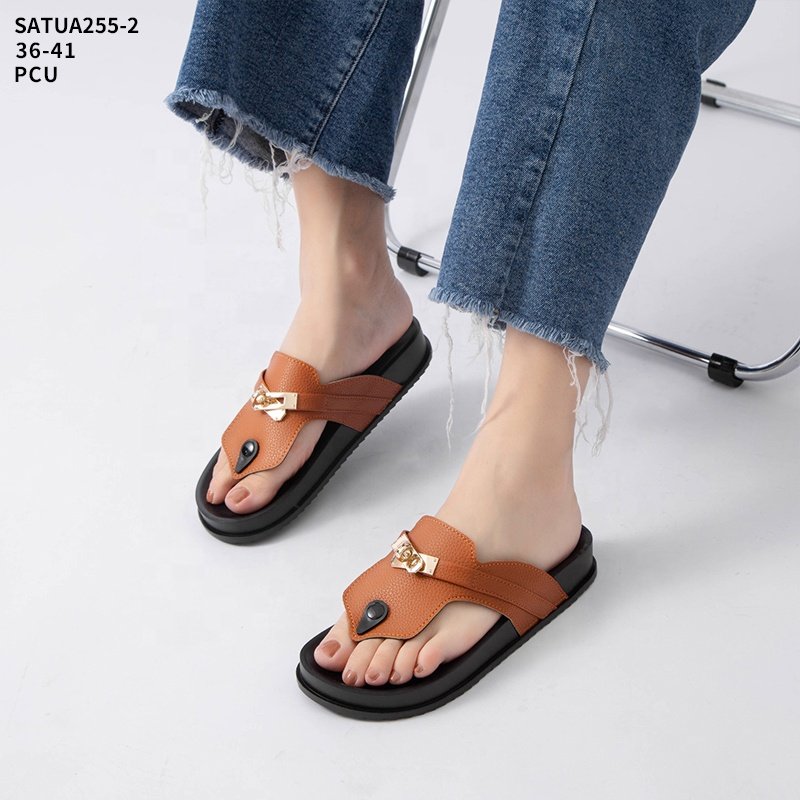 SATU new style T-strap women beach sandals zapatos de mujer pvc comfortable shoes slippers factory metal buckle sandals