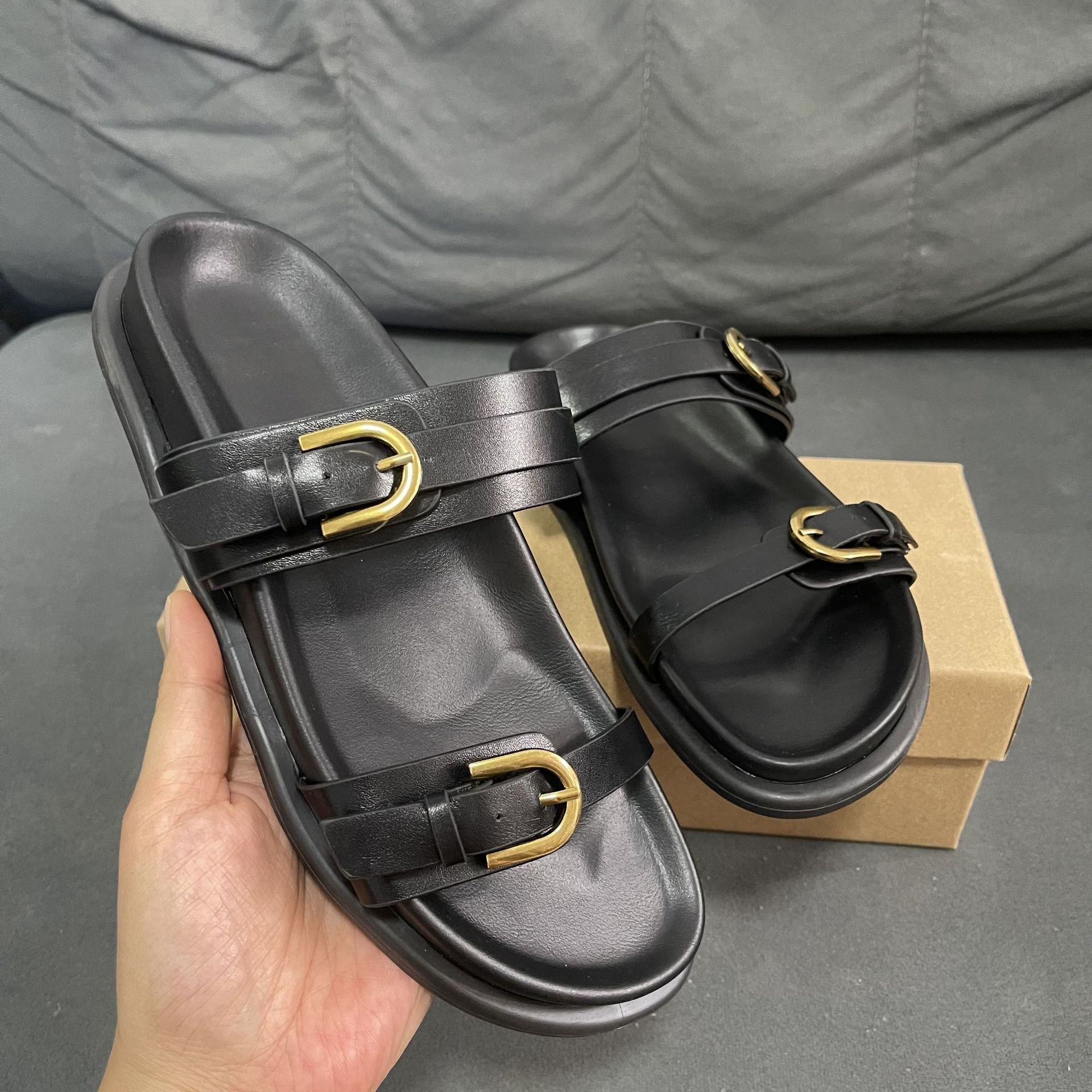 BUSY GIRL RL4560 ladies slippers double strap buckle flats slides slippers round toe luxury causal beach slippers for women