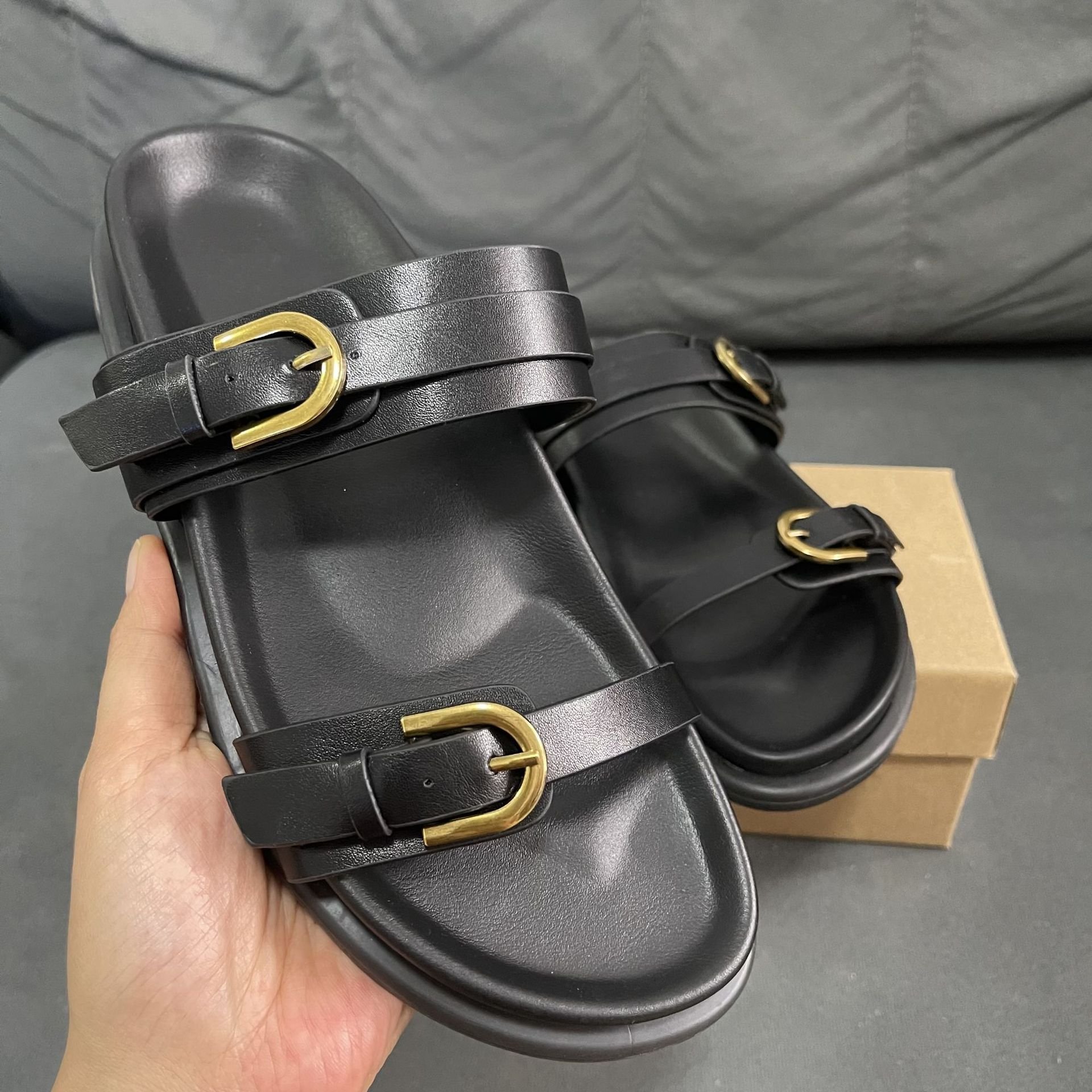 BUSY GIRL RL4560 ladies slippers double strap buckle flats slides slippers round toe luxury causal beach slippers for women