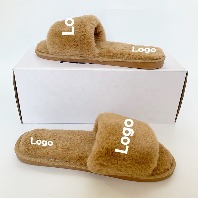 2024 Wholesale New Soft Plush Furry Open Toe Fur Slides Slippers Fuzzy Fluffy House Indoor Slippers For Ladies