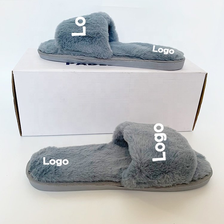 2024 Wholesale New Soft Plush Furry Open Toe Fur Slides Slippers Fuzzy Fluffy House Indoor Slippers For Ladies