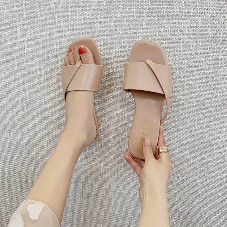 Summer Macaron Color Square Toe Single Strap Desgin Women Flat Sandals PVC Ladies Open Toe Slide Slippers