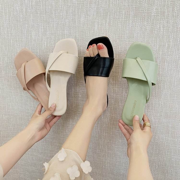 Summer Macaron Color Square Toe Single Strap Desgin Women Flat Sandals PVC Ladies Open Toe Slide Slippers