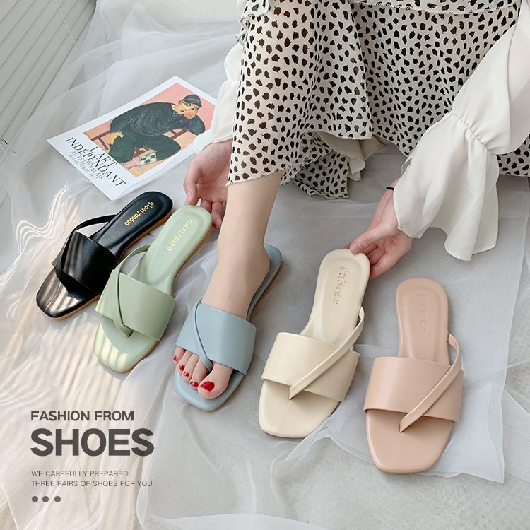 Summer Macaron Color Square Toe Single Strap Desgin Women Flat Sandals PVC Ladies Open Toe Slide Slippers
