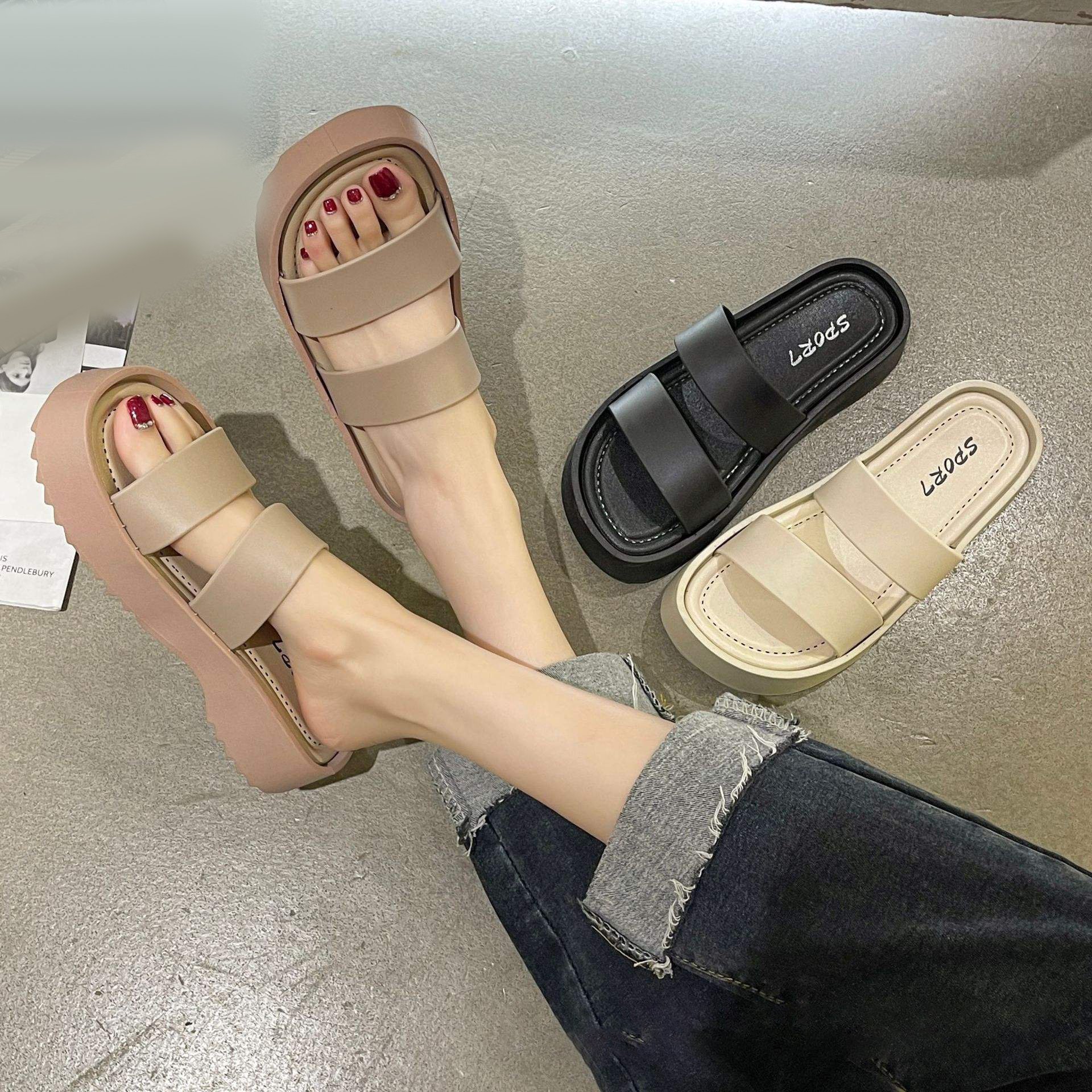 2024 Hot Sale Comfort Two Band Open-toe Ladies Thick Sole Sandals Soft Sole Women's Slippers