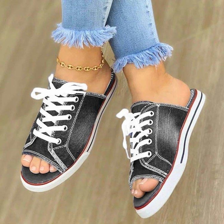 Summer Ladies Slipper Outdoor Wear Canvas Women Cool Drag One Line Low Heeled Women'S Shoes Denim Strap Flat Slippers