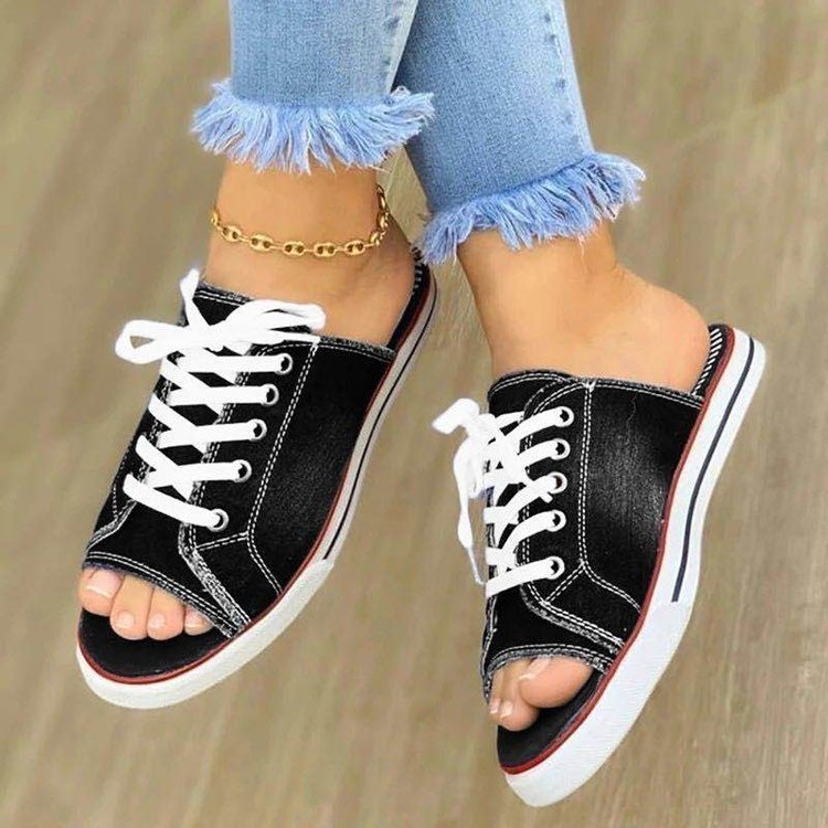 Summer Ladies Slipper Outdoor Wear Canvas Women Cool Drag One Line Low Heeled Women'S Shoes Denim Strap Flat Slippers