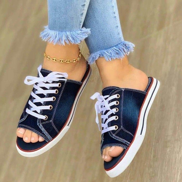 Summer Ladies Slipper Outdoor Wear Canvas Women Cool Drag One Line Low Heeled Women'S Shoes Denim Strap Flat Slippers