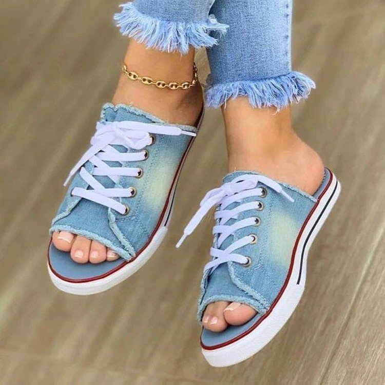 Summer Ladies Slipper Outdoor Wear Canvas Women Cool Drag One Line Low Heeled Women'S Shoes Denim Strap Flat Slippers