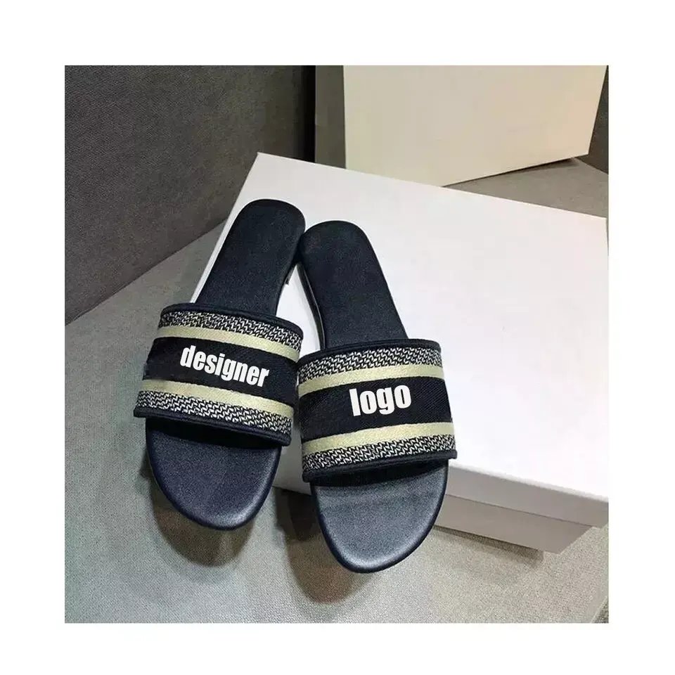 Fashion 2024 Luxury Embroidered Shoe Summer Letter shape Flat Slides Slippers Shoes Light Weight Outdoor Beach Sandals for Women