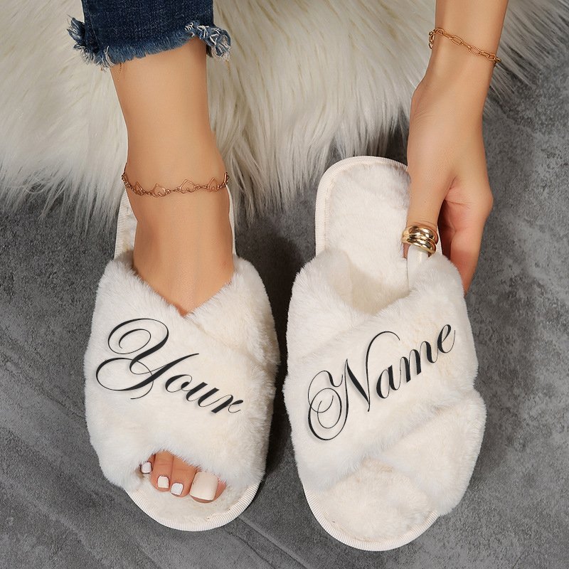 New Fashion Fur Cross Slipper fluffy flip flops Customized For Wedding Bride Warm Plush Indoor Custom Logo Slides House Slippers