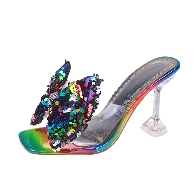 Professional outdoor pvc sandals sequins high heel stilettos shoes designer sandals women high heels square toe