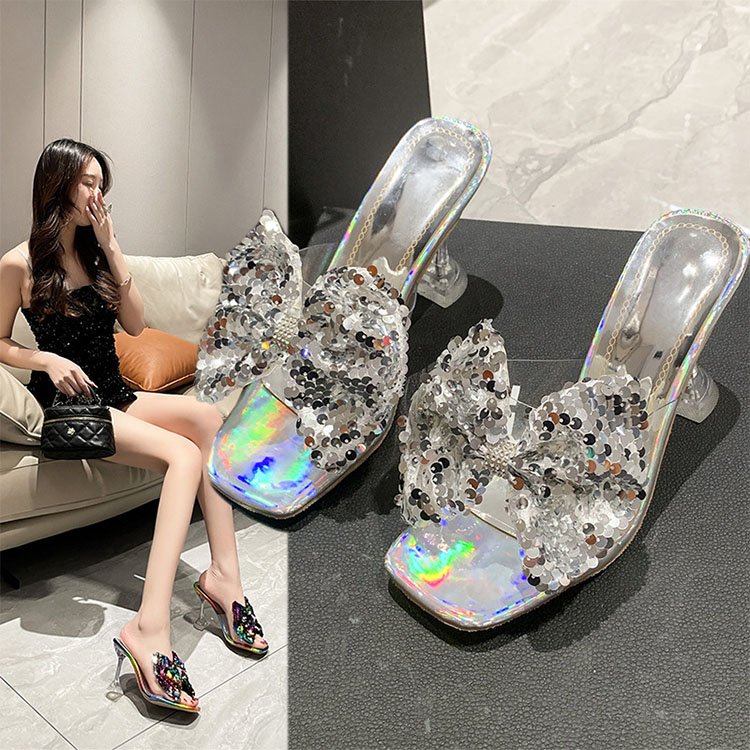Professional outdoor pvc sandals sequins high heel stilettos shoes designer sandals women high heels square toe