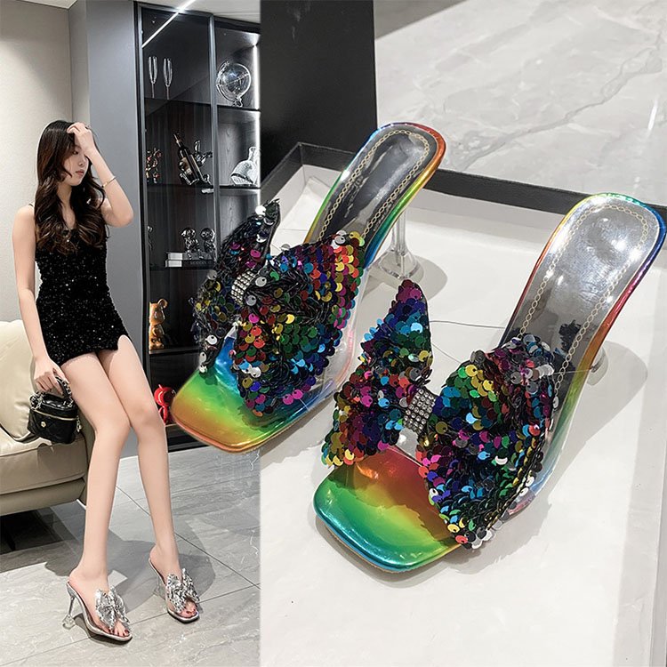 Professional outdoor pvc sandals sequins high heel stilettos shoes designer sandals women high heels square toe