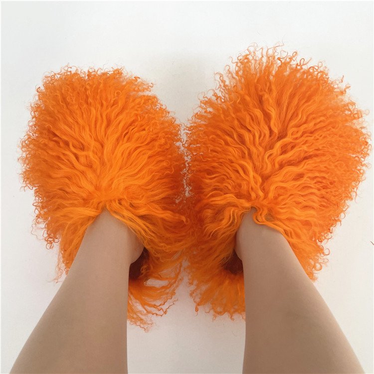 New design flat bottom fluffy fuzzy shoes long sheepskin slide women mongolian fur slipper