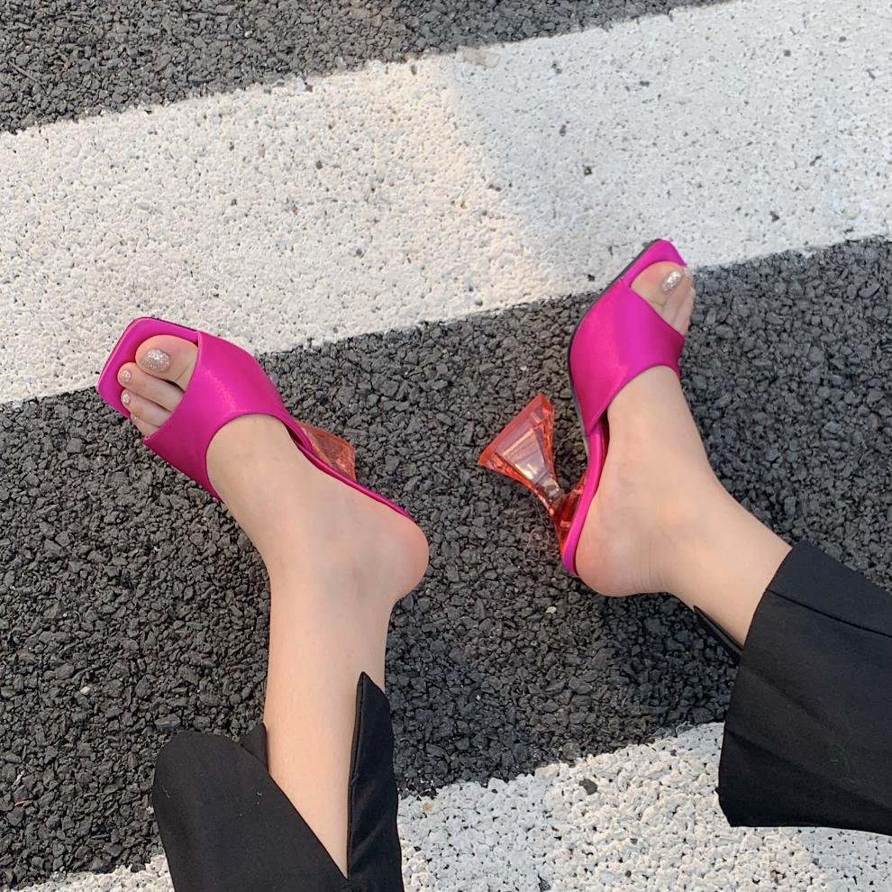 New Arrival Summer Silk Triangle Square Heels heel Slippers designer slippers women famous brands