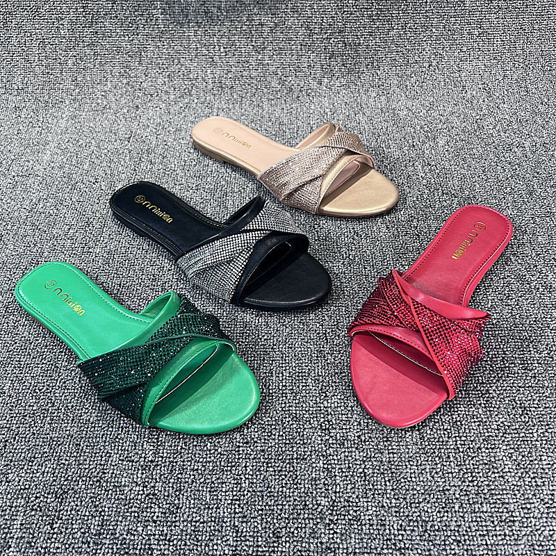 Customize Outdoor bling rhinestones slides slippers for Women luxury flat slides Ladies Women Flat Sandals