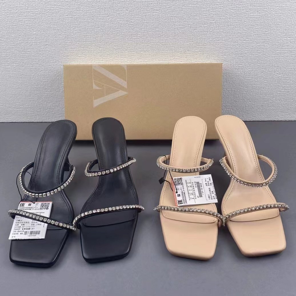 Famous big size 42 high-heeled slides slippers 2024 luxury rhinestone ZA shoes summer square toe open toe women's shoes