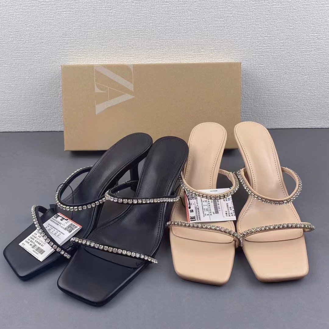 Famous big size 42 high-heeled slides slippers 2024 luxury rhinestone ZA shoes summer square toe open toe women's shoes