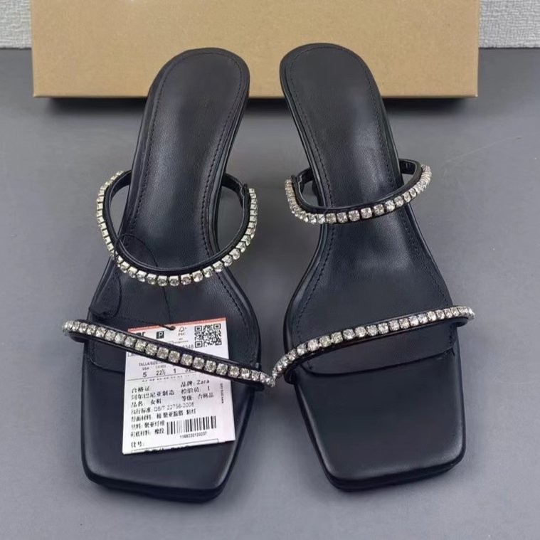 Famous big size 42 high-heeled slides slippers 2024 luxury rhinestone ZA shoes summer square toe open toe women's shoes