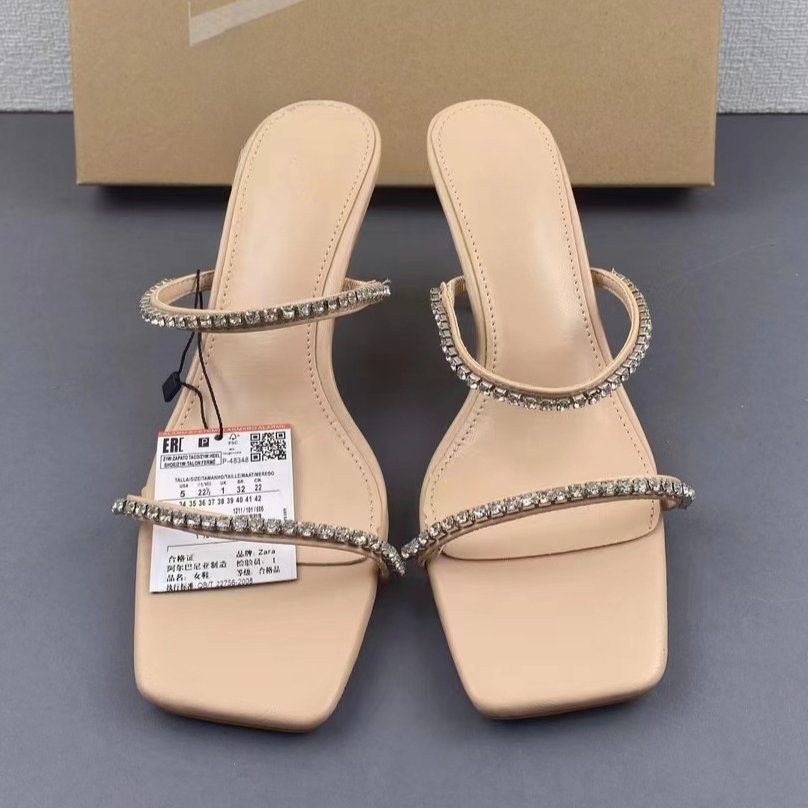 Famous big size 42 high-heeled slides slippers 2024 luxury rhinestone ZA shoes summer square toe open toe women's shoes