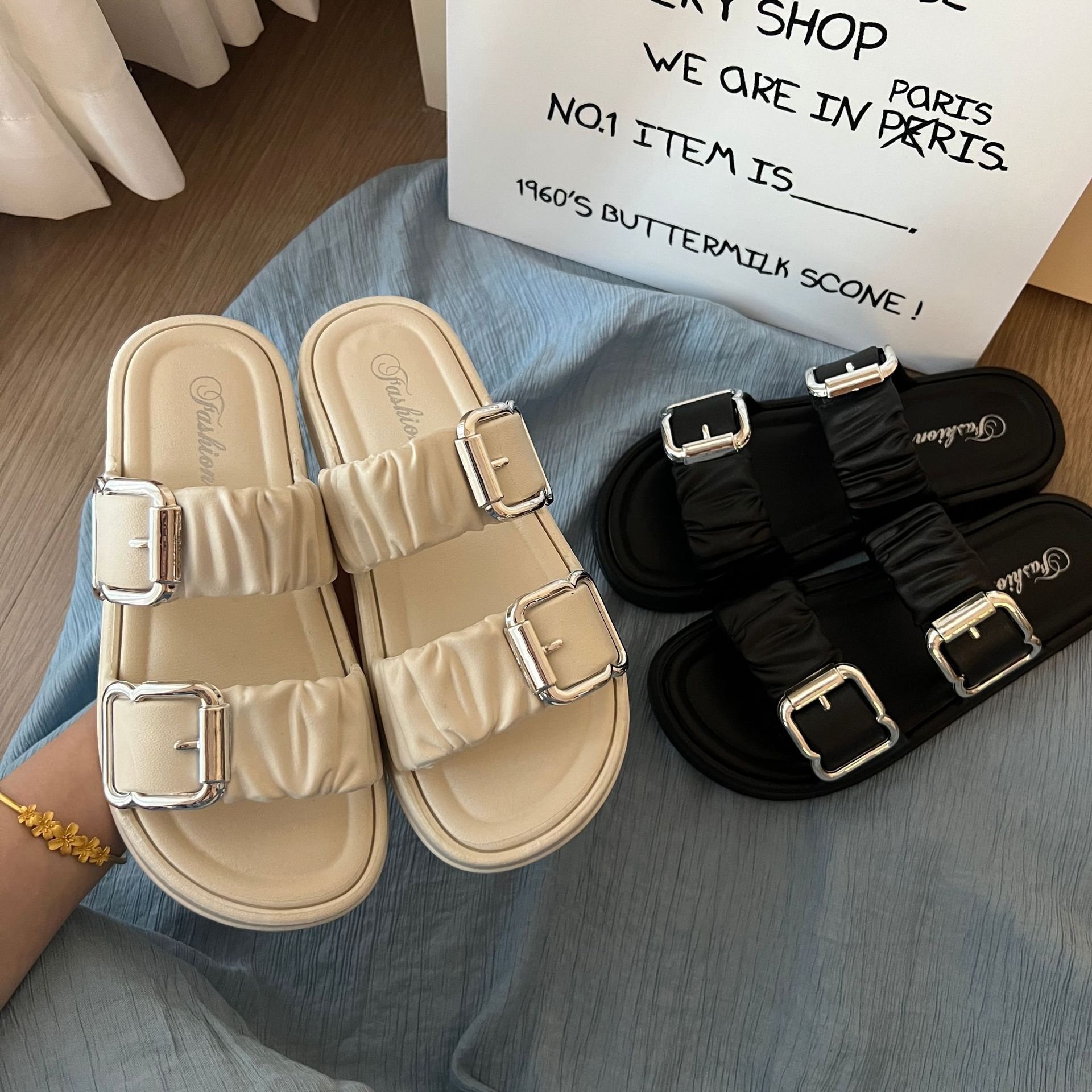 Platform slippers Korean casual women's buckle hipster lazy beach half drag Roman with skirt summer