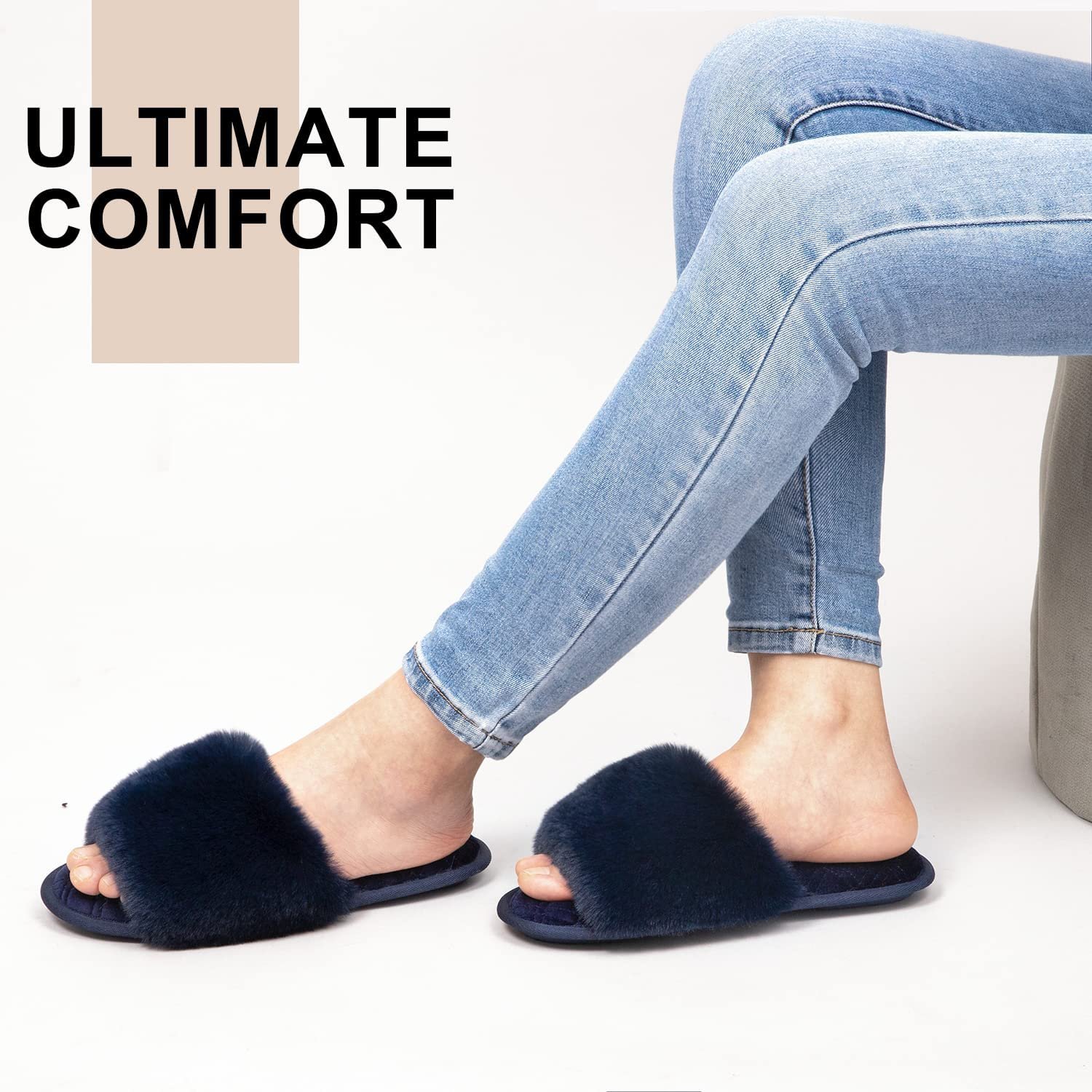 Hot Sale Womens Fuzzy Faux Fur Memory Foam Cozy Flat Spa Slide Slippers Comfy Open Toe Winter Home Indoor House Slippers 2024