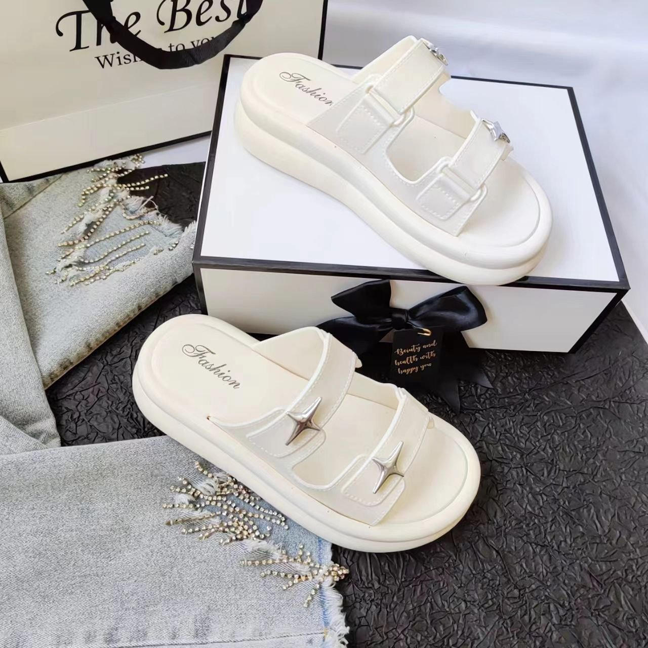 Beach Sandals Thick Sole Soft Bottom Summer Outdoor Korean Style Slides Slippers for WomenHigh Heel