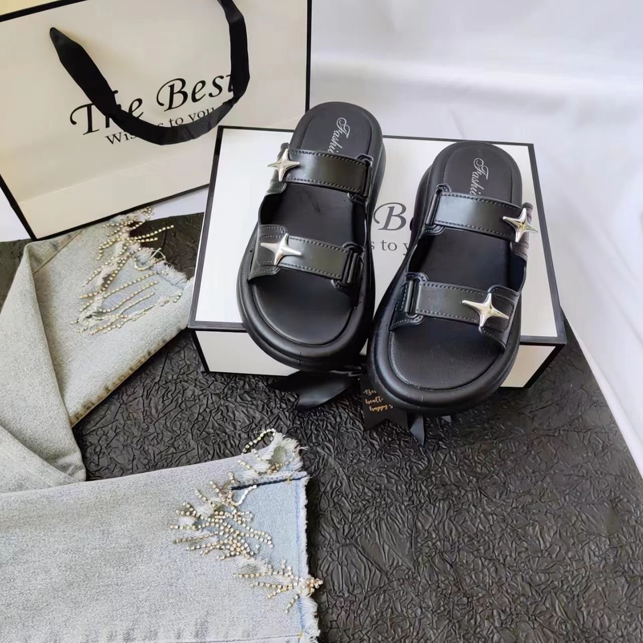 Beach Sandals Thick Sole Soft Bottom Summer Outdoor Korean Style Slides Slippers for WomenHigh Heel