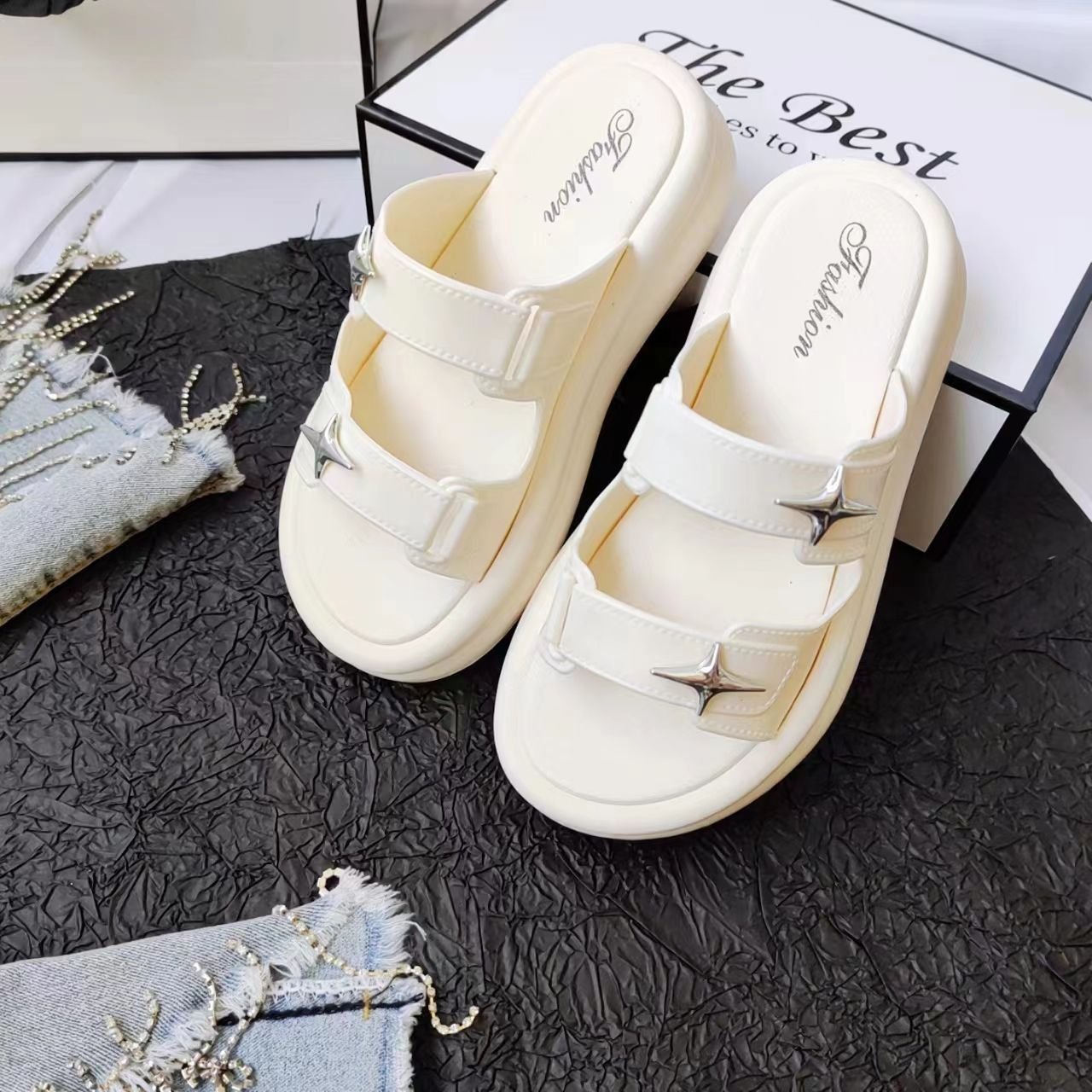 Beach Sandals Thick Sole Soft Bottom Summer Outdoor Korean Style Slides Slippers for WomenHigh Heel