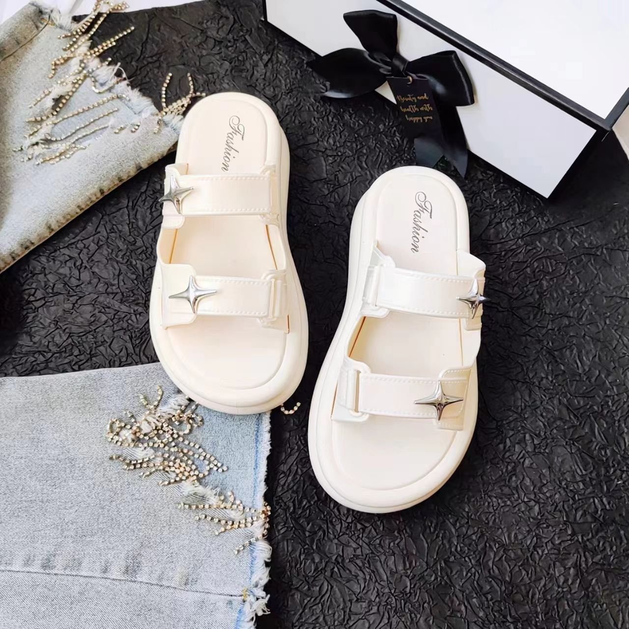 Beach Sandals Thick Sole Soft Bottom Summer Outdoor Korean Style Slides Slippers for WomenHigh Heel