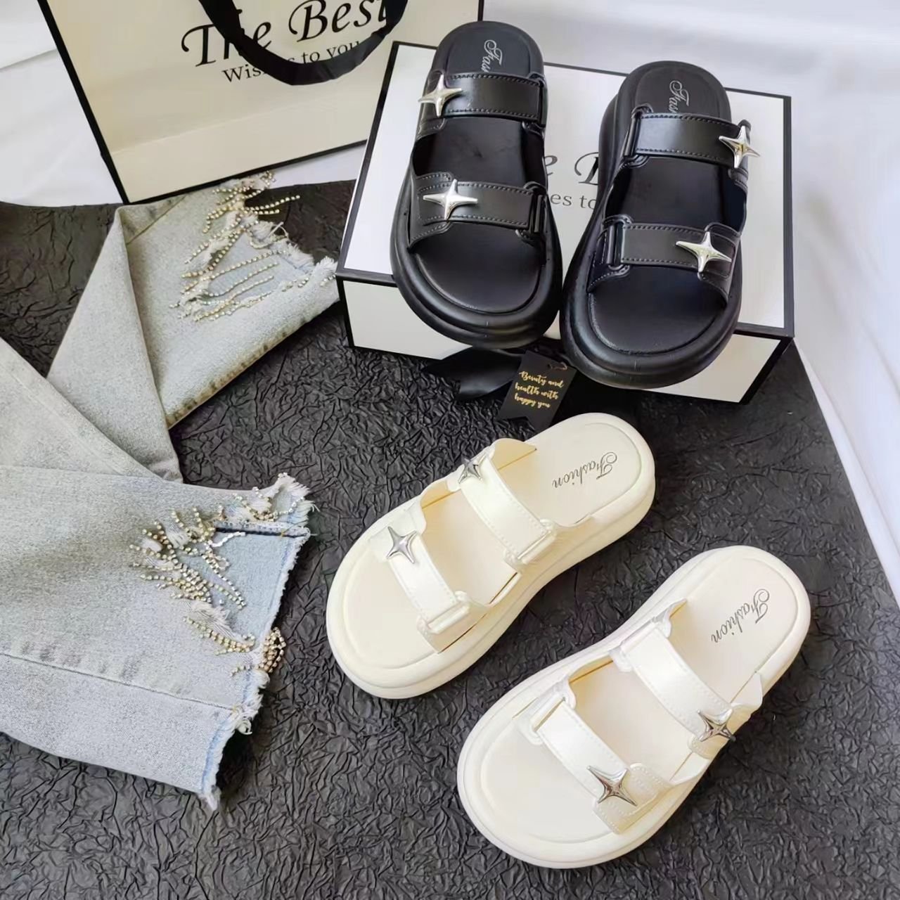 Beach Sandals Thick Sole Soft Bottom Summer Outdoor Korean Style Slides Slippers for WomenHigh Heel