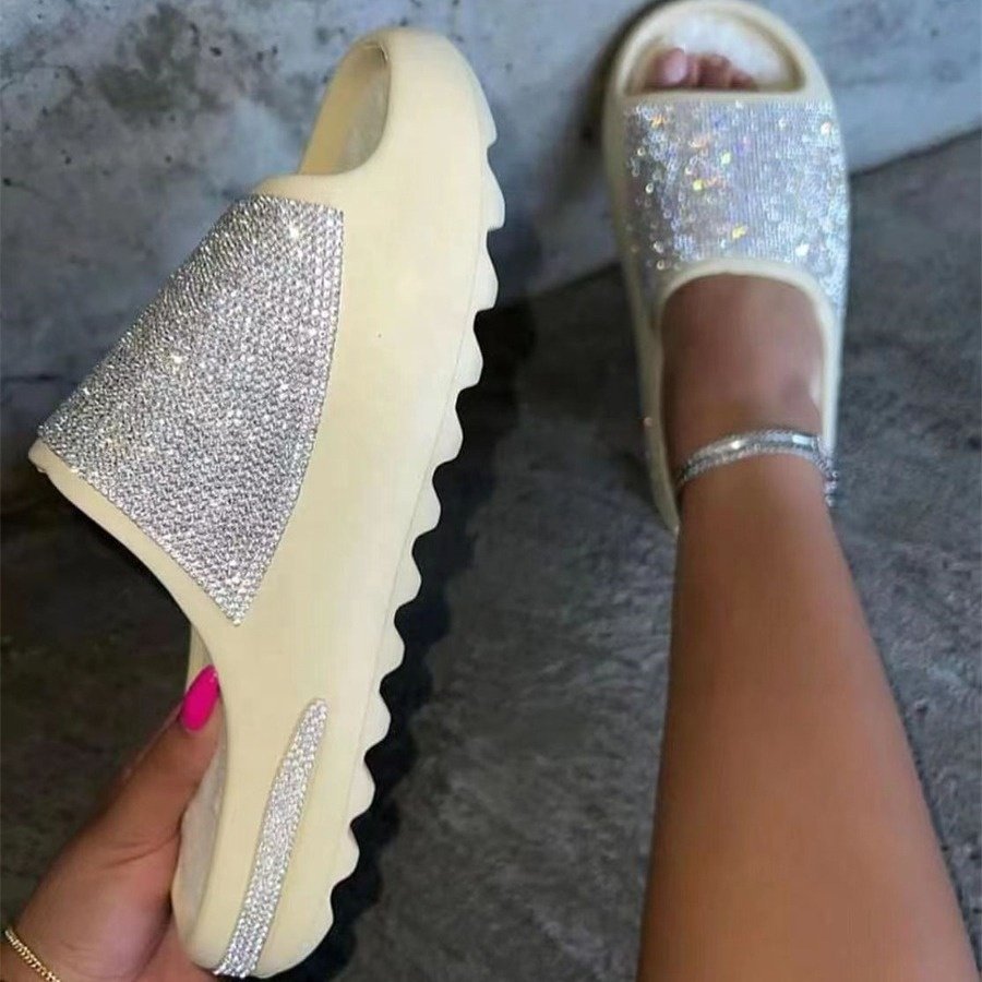Sexy New Footwear Lady Slides 2024 Shiny Diamond Rhinestone Thick Bottom Sandals Open Toe EVA Big Size Platform Beige Slippers