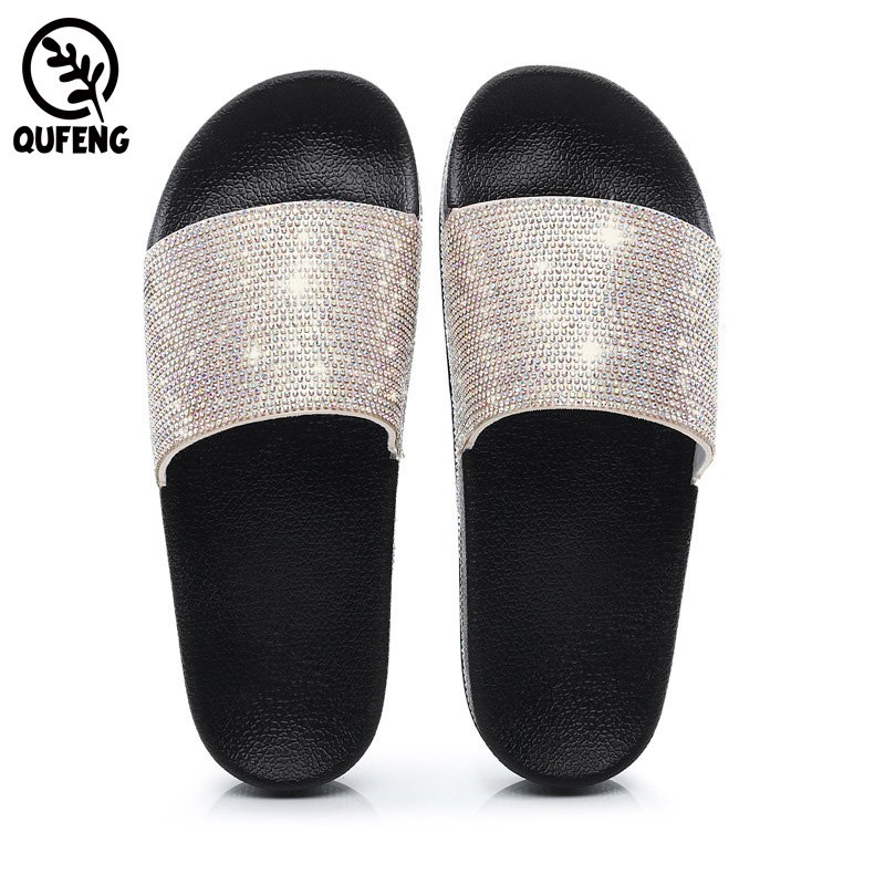 Ladies Slippers Sunshine Rhinestone Women Flat Sandals Slides Fashion Bling Diamond Slippers