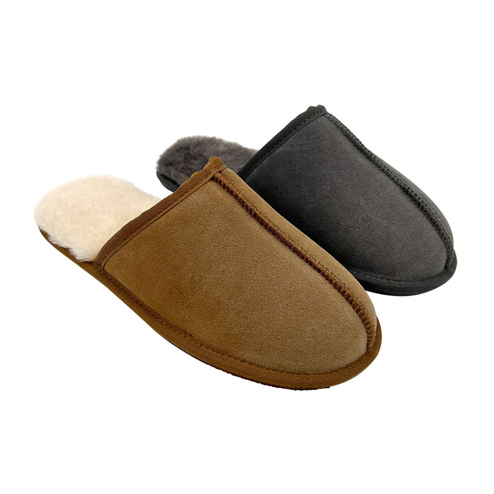 Men's Wool Slippers Indoor Outdoor Warm Non-Slip Rubber Sole Comfortable Slip-on Warm Fuzzy Sheepskin Slippers