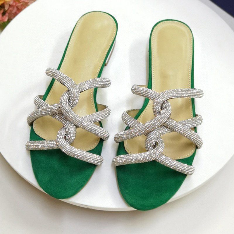 Summer Fashion New Designer Custom Made Flat Leather Rhinestone Decor Indoor Outdoor Leisure Slides Slippers for Women