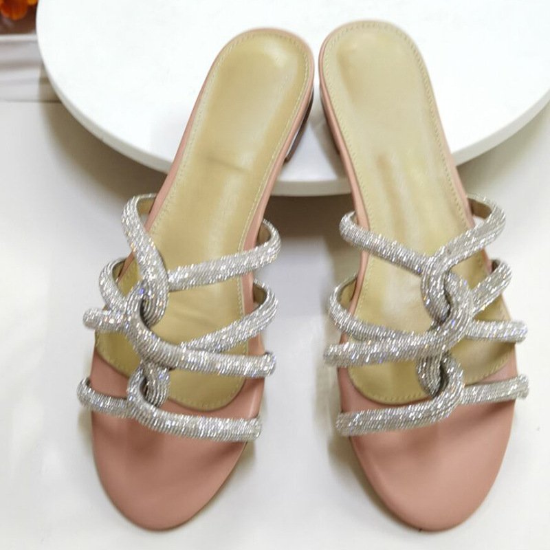 Summer Fashion New Designer Custom Made Flat Leather Rhinestone Decor Indoor Outdoor Leisure Slides Slippers for Women
